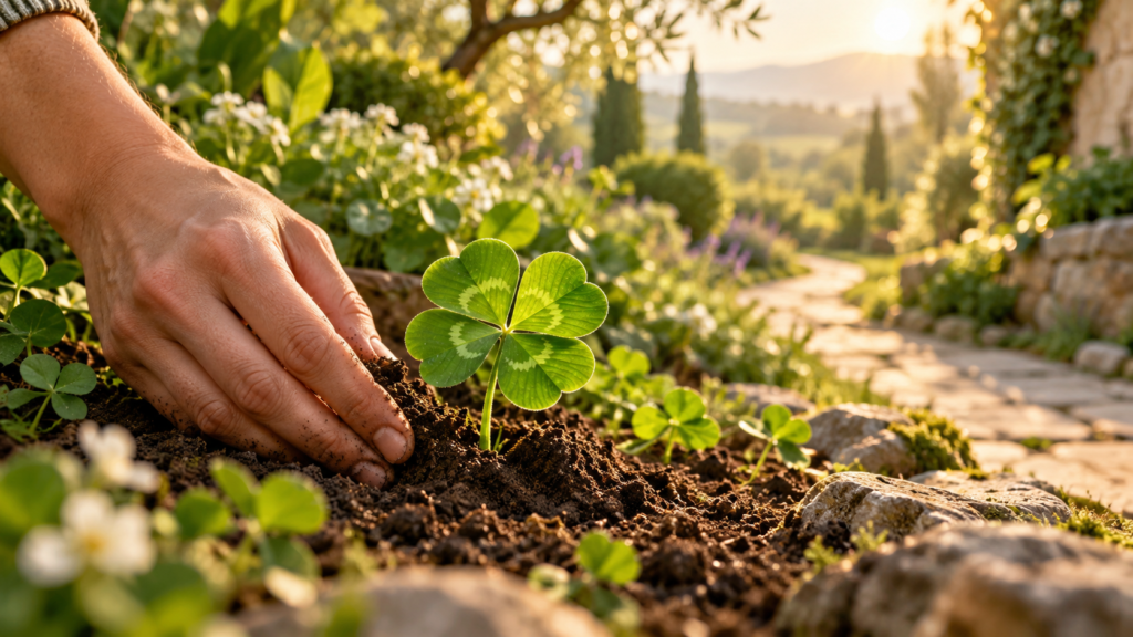 A hand tending soil around a four-leaf clover, representing preparation and the good luck rules