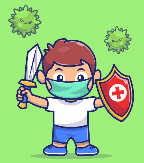 Illustrated healthcare worker wearing a mask and holding a protective shield