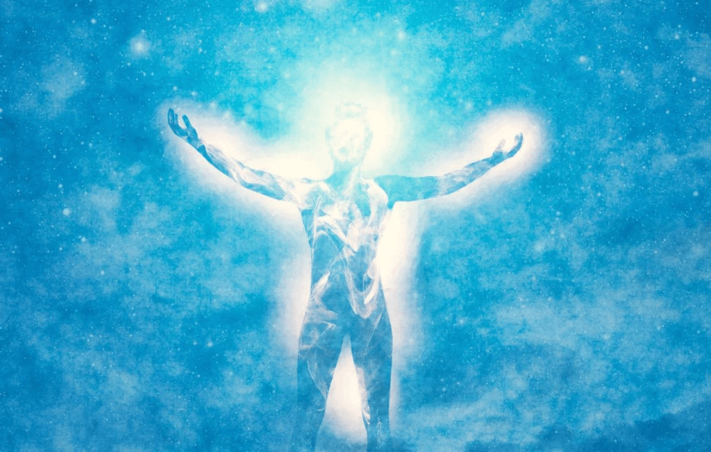 A glowing figure in a spiritual meditation illustration