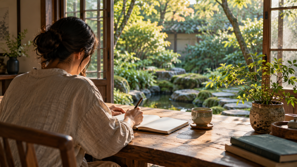 Person journaling beside a sunlit garden window, reflecting on ikigai and everyday purpose