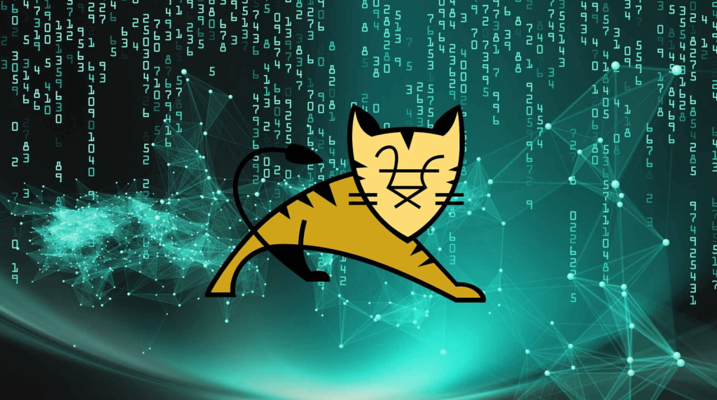 Apache Tomcat cat logo against a digital technology background