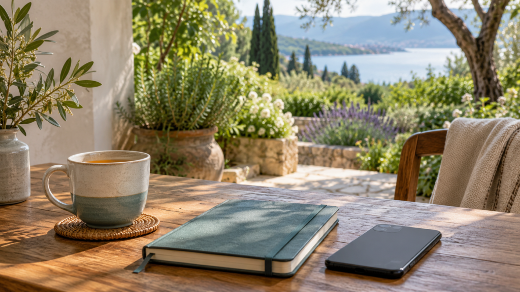Face-down phone beside a notebook and tea overlooking a sunlit garden