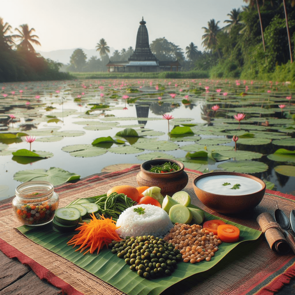 Vegetables and herbs beside a river and temple in a vegetarian food illustration