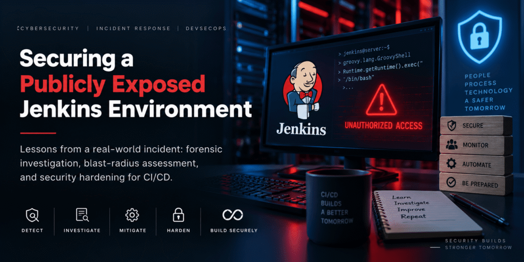 Jenkins incident response illustration: Jenkins mascot beside a server displaying an unauthorized access warning.