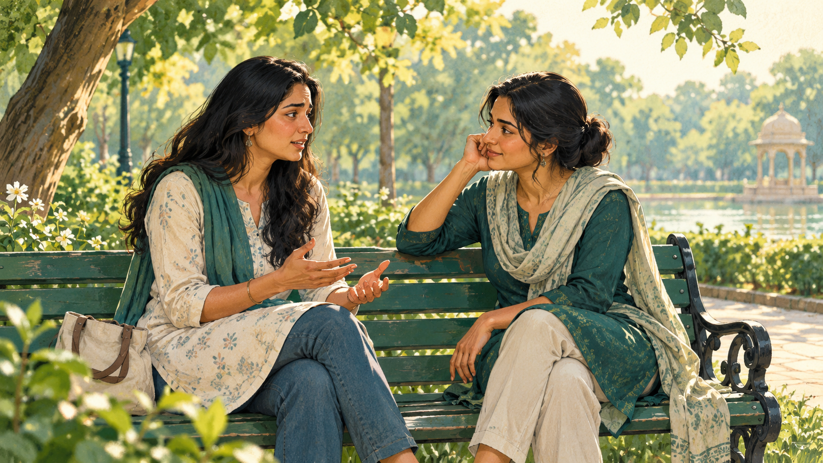 Managing anxiety with support: two friends talking together on a park bench