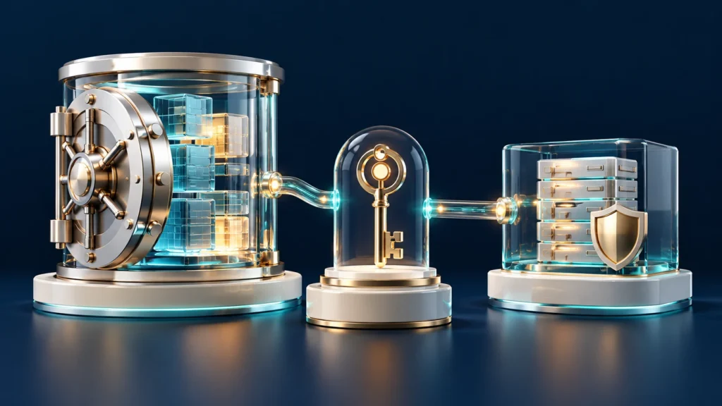Business data security illustrated by a protected data vault, a separate access key and a backup archive