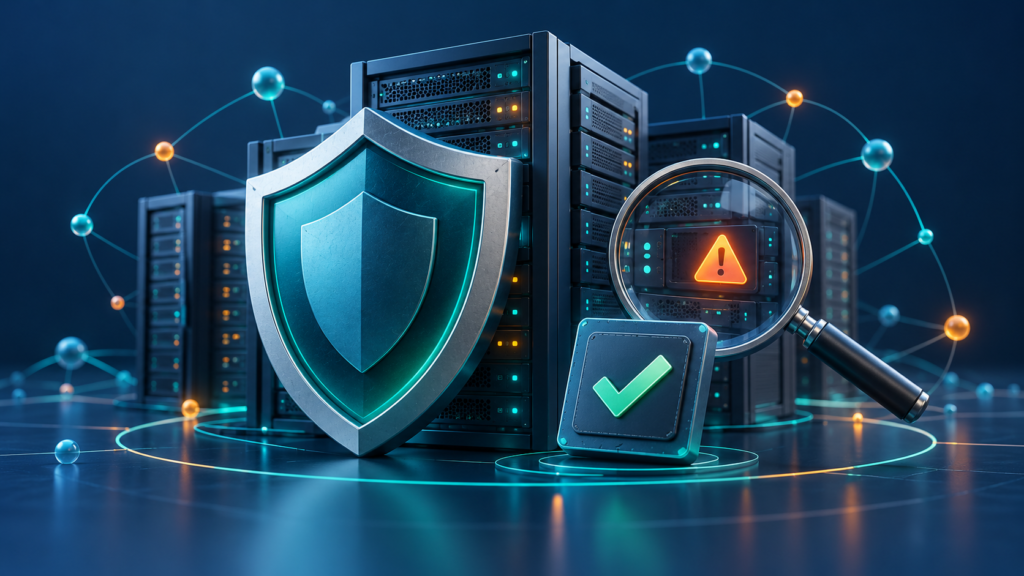 Shield protecting servers with a magnifying glass highlighting a security warning and a patch verification checkmark