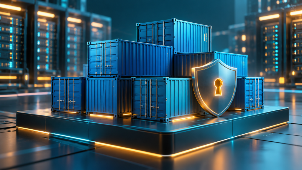 Blue software container blocks protected by a shield in a server environment