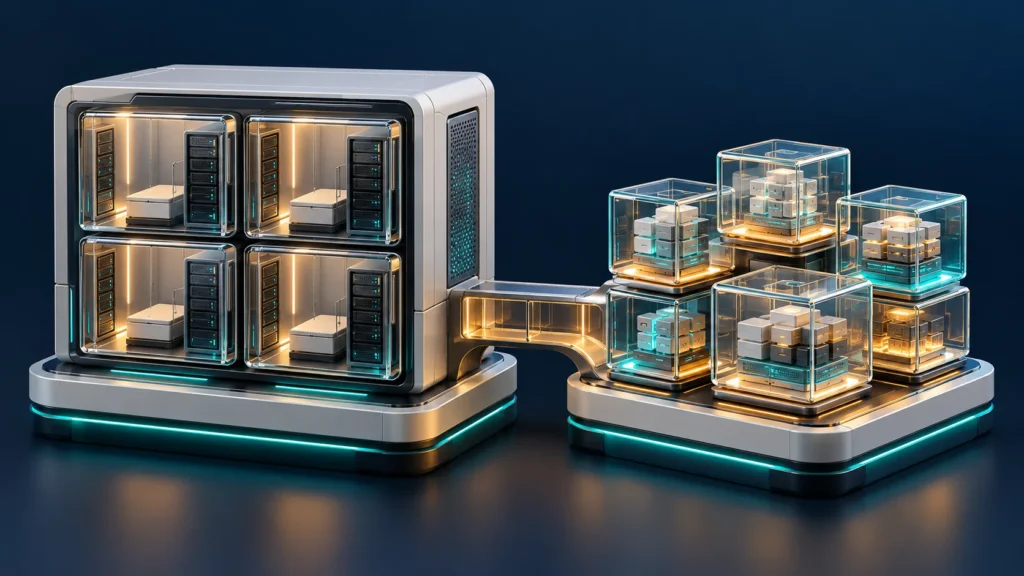 Docker vs virtual machines illustrated by separate guest compartments beside lightweight application cubes on a shared platform