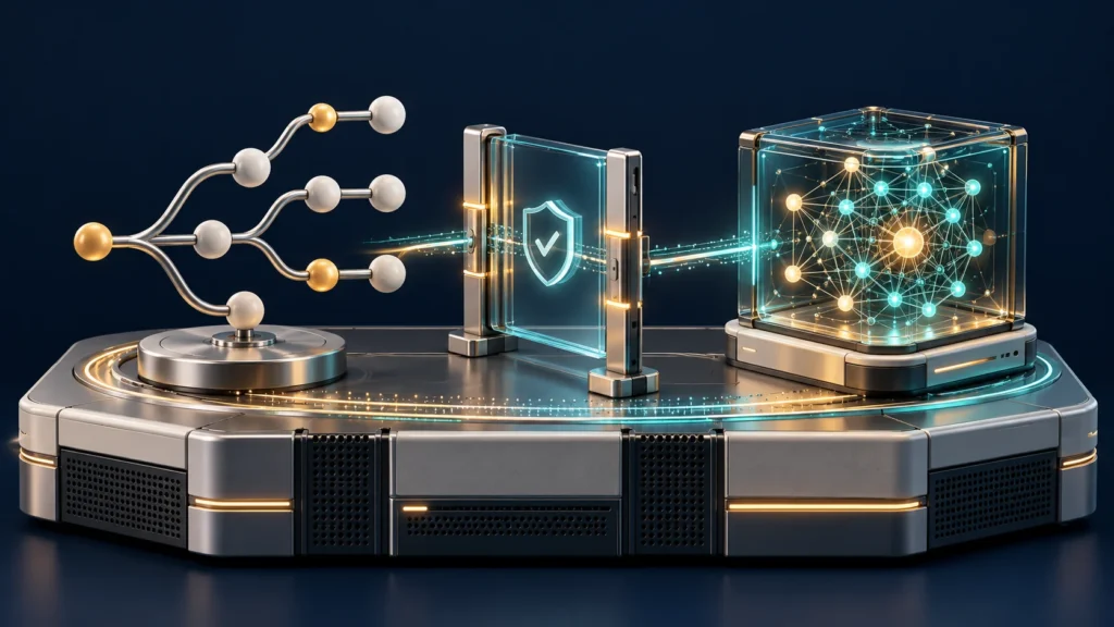 GitOps for AI workloads illustrated by version-control branches, a validation gate and a neural-network model cube