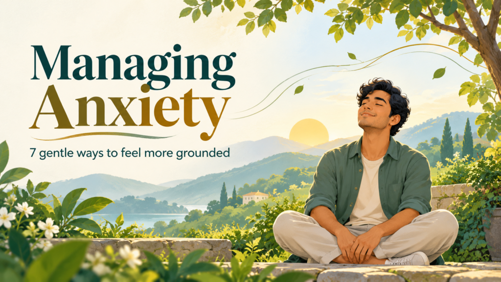 Managing anxiety: illustrated person resting in a peaceful garden, with seven gentle ways to feel more grounded