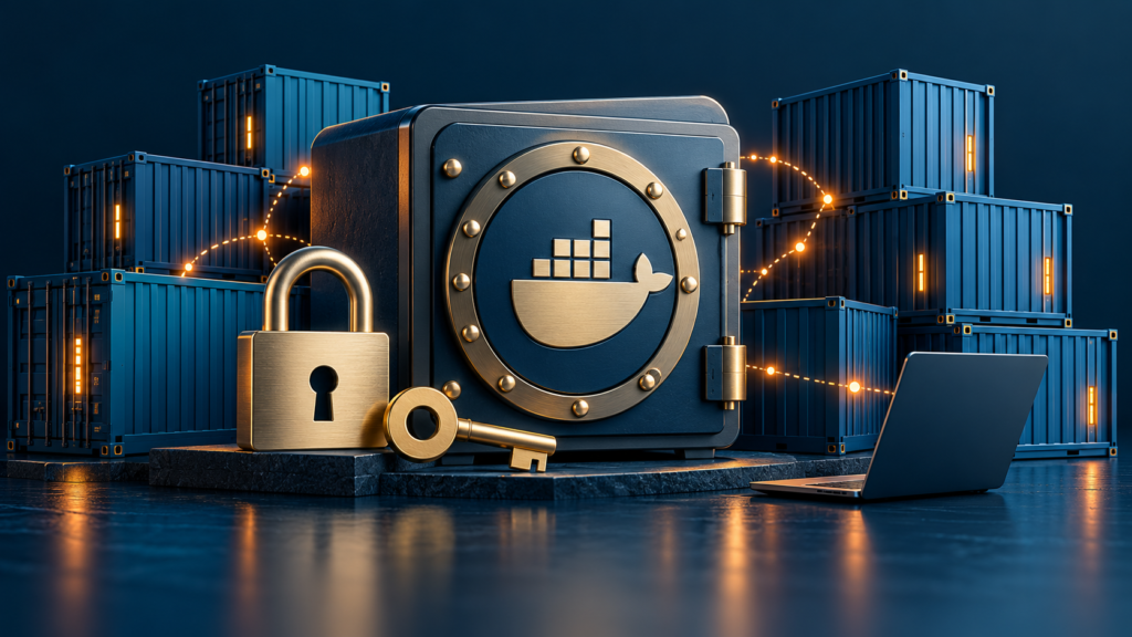 Secure vault, key and padlock beside Docker containers illustrating protected credentials
