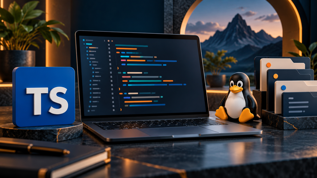 Laptop with TypeScript code, a blue TS tile and a Linux penguin illustrating a project setup